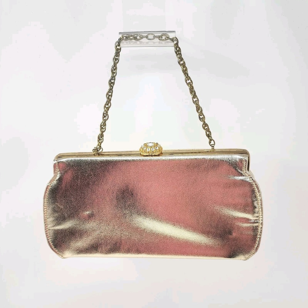 Vintage Metallic Gold Evening Bag lined,  Gemstone Clasp, Chain